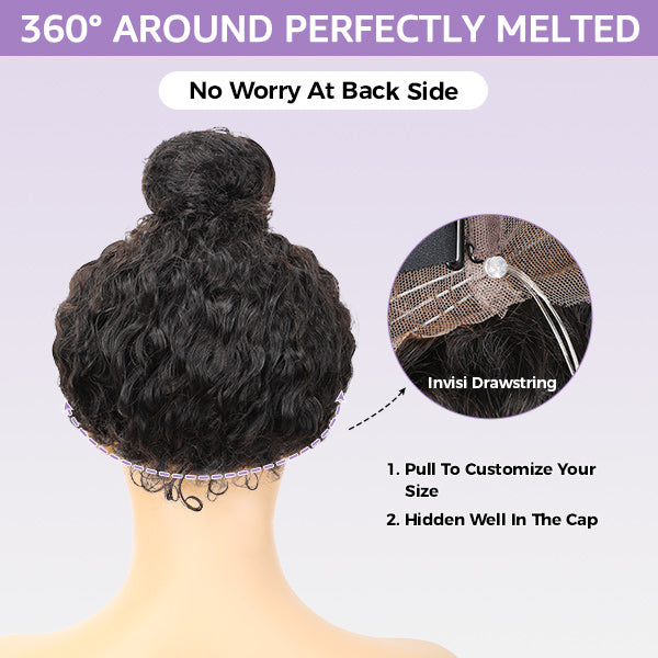 Loose Wave Bleached Knots Invisi-Drawstring 360 Lace Glueless Wig With Pre-plucked Natural Hairline