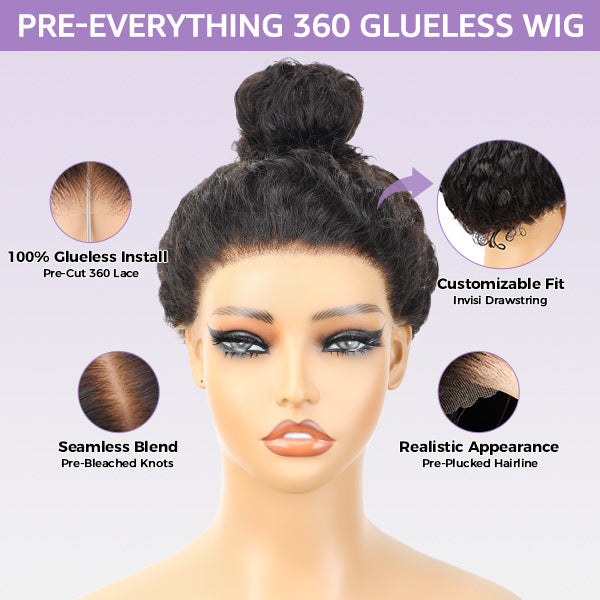 Loose Wave Bleached Knots Invisi-Drawstring 360 Lace Glueless Wig With Pre-plucked Natural Hairline