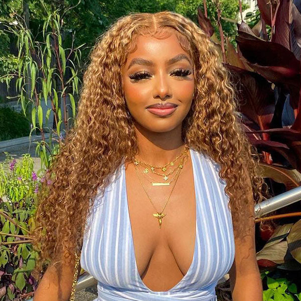 Water Wave Highlight Ombre 4/27 Wear Go Glueless Wig Pre-cut 360 Lace Frontal Wig