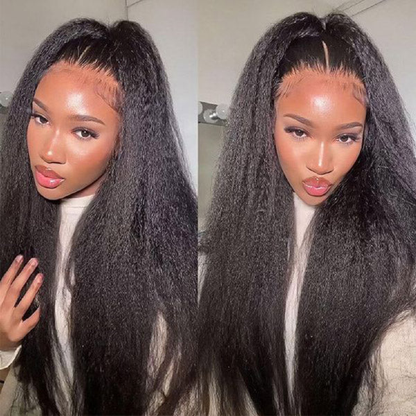 Kinky Straight Invisi-Drawstring Flexible Fit 360 Lace Front Glueless Wig With Bleached Knots