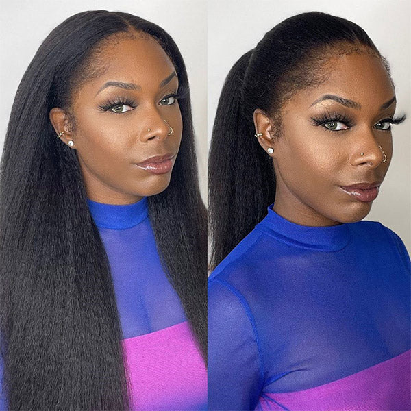 Kinky Straight Invisi-Drawstring Flexible Fit 360 Lace Front Glueless Wig With Bleached Knots